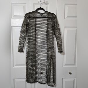 Black & Gold Mesh Fence net Robe, Cardigan, Swim Cover-up, Small, Fishnet